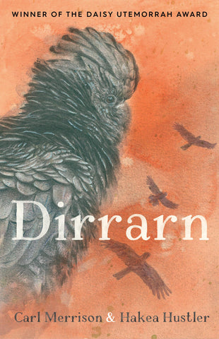 Book cover of 'Dirrarn' featuring an illustration of a black cockatoo with a orange and pink background.