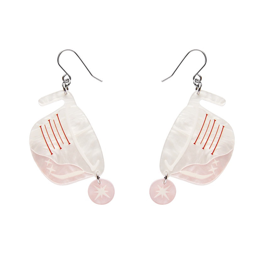 Erstwilder Measure Twice, Pour Once drop Earrings measuring jug in cream and pale pink swirly resin with red lines.