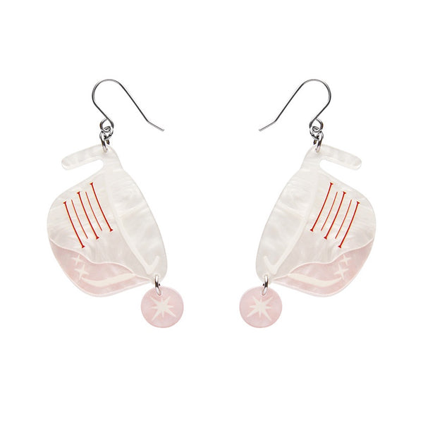 Erstwilder Measure Twice, Pour Once drop Earrings measuring jug in cream and pale pink swirly resin with red lines.