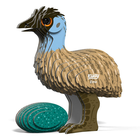 A 3D cardboard model kit of an emu with brown and blue feathers, proudly standing next to its green egg.