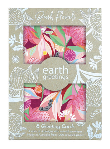 Bush Florals Assorted Greeting Cards set featuring artwork with Australian native flowers in vibrant colors, and text indicating the pack contains 8 cards.