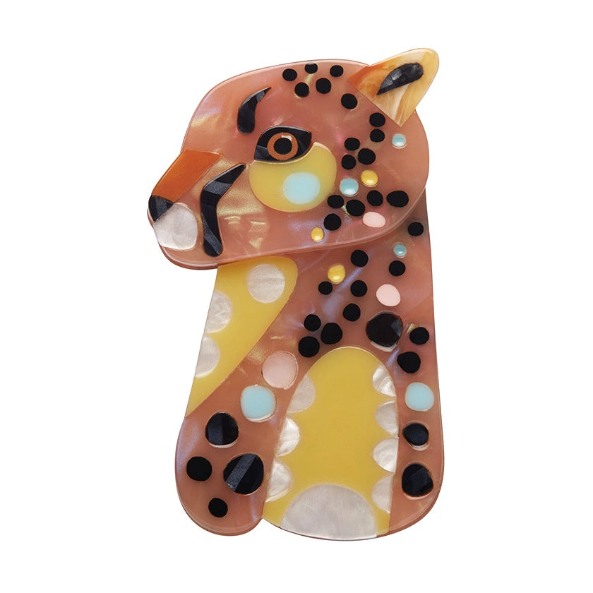 Erstwilder x Pete Cromer The Choosy Cheetah Brooch featuring a stylised cheetah in colourful resins
