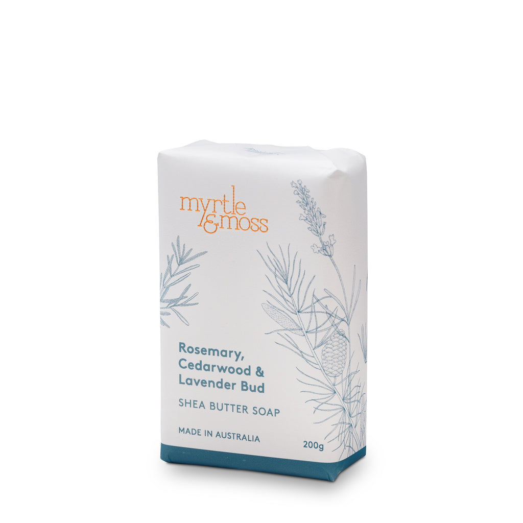 Myrtle & Moss Rosemary Cedarwood & Lavender Bud Shea Butter Soap, 200g size, with branding and product details.