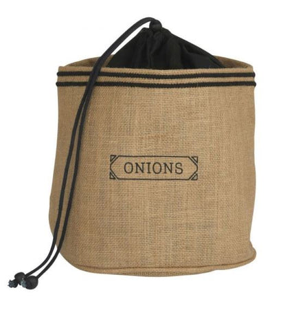 A beige jute bag with a black drawstring top closure and the word 'ONIONS' printed on the front, standing upright on a white background.