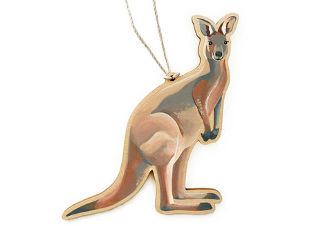 A wooden ornament in the shape of a kangaroo, with a painting printed on one side, suspended by a string.