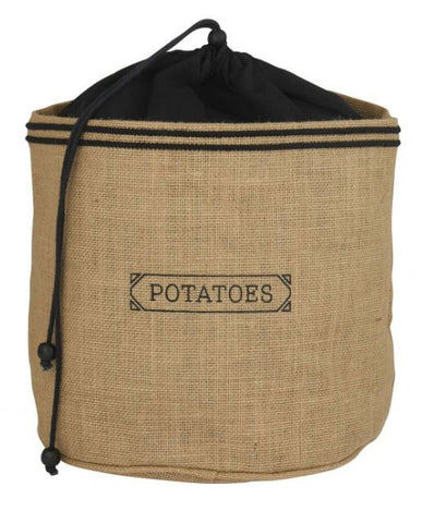A beige jute potato sack with the word 'Potatoes' printed on it, featuring a black drawstring top closure.