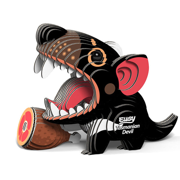 3D cardboard model kit of a Tasmanian Devil, featuring a black and brown color scheme and red ears.