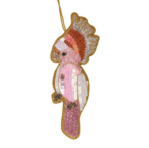 Major Mitchell's sequinned Christmas decoration by Vixen and Velvet in pinks and white with a gold trim.