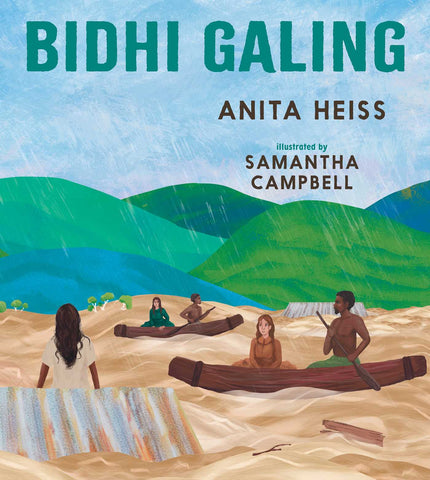 Book cover for 'Bidhi Galing' featuring illustrations of Indigenous Australian people during a flood with rain falling in the background.