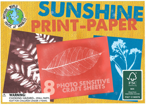 House of Marbles Sunshine Print-Paper packaging with leaf designs and FSC logo on a yellow background