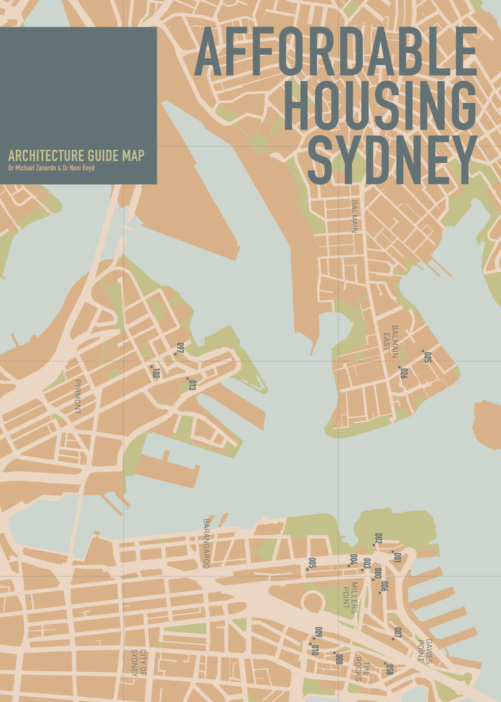 An image for 'Affordable Housing Sydney: Architecture Guide Map' featuring a map of the city with the title text displayed prominently.