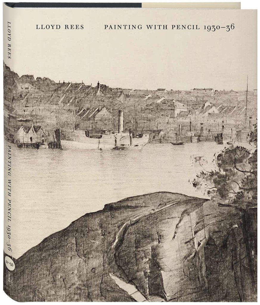 Book cover with a black and white illustration of a landscape featuring a river and buildings.