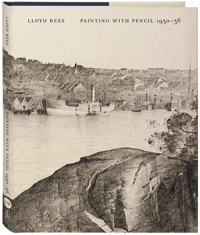Book cover with a black and white illustration of a landscape featuring a river and buildings.