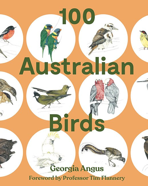 Book cover of '100 Australian Birds' with illustrations of various birds on an orange background.