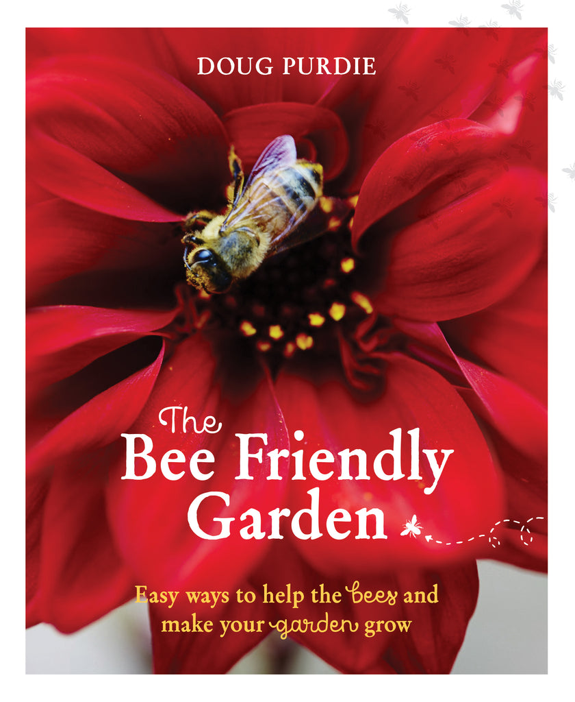 Book cover of 'The Bee Friendly Garden' with a red flower and bee on a white background