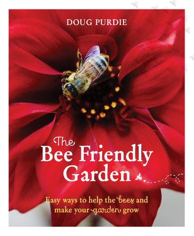 Book cover of 'The Bee Friendly Garden' with a red flower and bee on a white background