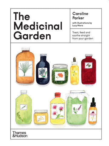 Book cover of 'The Medicinal Garden' by Caroline Parker featuring illustrations of various bottles and jars indicating a theme of medicinal plants and their uses.
