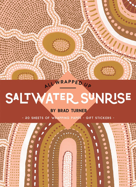 A cover image of the 'All Wrapped Up Saltwater Sunrise' book featuring Indigenous Australian artwork wrapping paper designs in earthy tones.