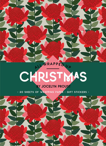 Packaging of 'All Wrapped Up Christmas' by Jocelyn Proust with red Waratah floral design and green text.