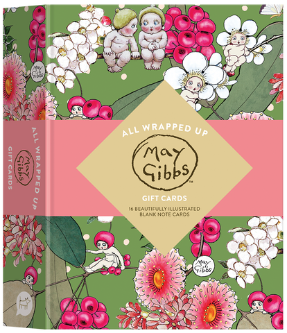 May Gibbs gift card set with illustrated characters and flowers on a green background
