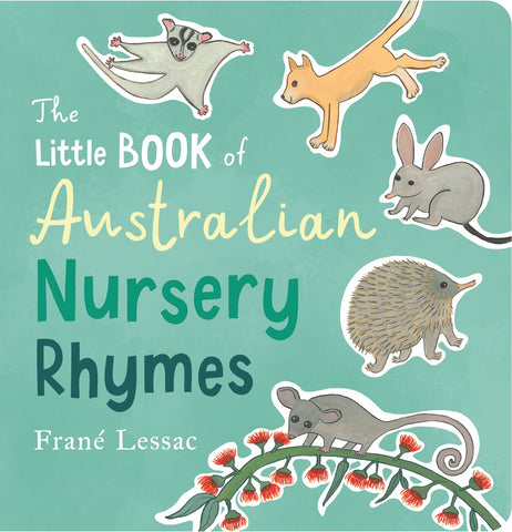 Cover of 'The Little Book of Australian Nursery Rhymes' featuring illustrations of Australian animals related to the rhymes.