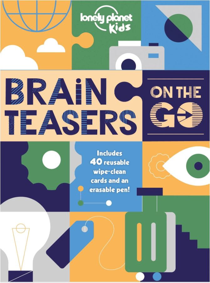 Front cover of the Lonely Planet Kids Brain Teasers On the Go travel kit, featuring a colorful geometric puzzle design with illustrations of a globe, camera, eye, light bulb, and other travel-themed icons.
