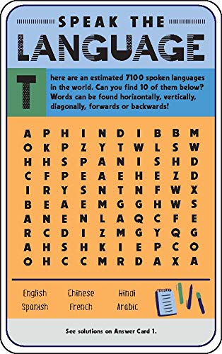 A language word puzzle card titled 'SPEAK THE LANGUAGE' with a grid of letters on an orange background.