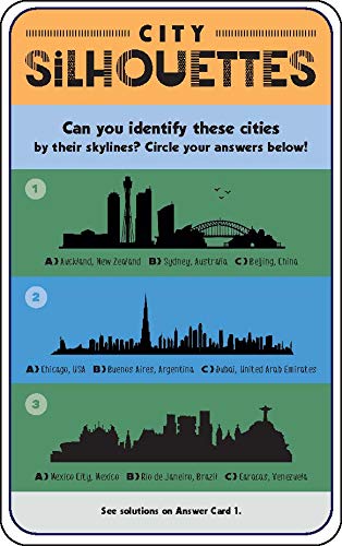 City silhouettes identification card with skyline images and question prompts.
