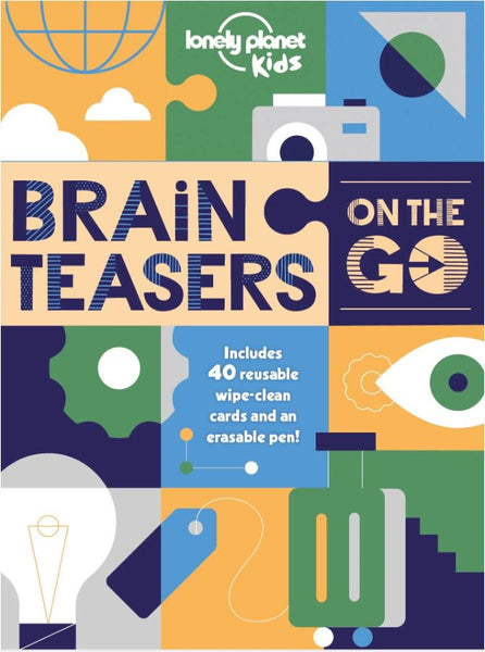 Front cover of the Lonely Planet Kids Brain Teasers On the Go travel kit, featuring a colorful geometric puzzle design with illustrations of a globe, camera, eye, light bulb, and other travel-themed icons.