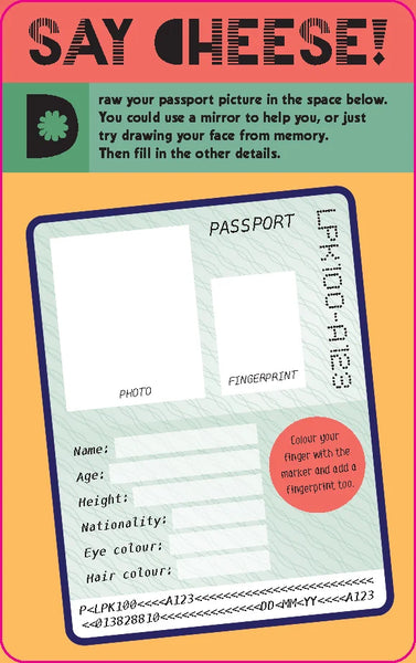 A novelty passport photo placeholder card with printed fields for photo, fingerprint, name, age, height, nationality, eye colour, and hair colour. The card is shown on a bright orange background with a green header reading 'SAY CHEESE!' and instructions on how to use it.