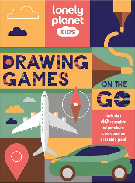 Lonely Planet Kids Drawing Games on the Go cover with colourful designs of airplanes, cars and shapes.