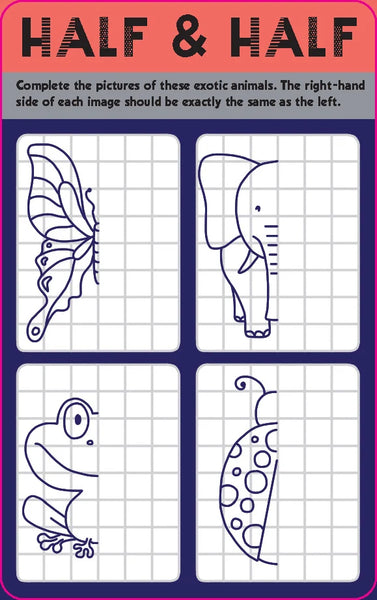 A children's worksheet titled 'HALF & HALF' with four animal half-profile drawings: a butterfly, an elephant, a frog, and a ladybug. The instructions say to complete the pictures by copying the left half onto the right half.