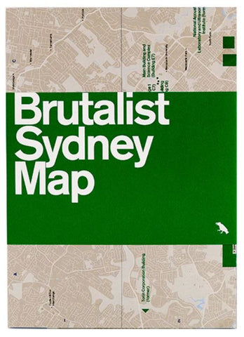 Map of Sydney with 'Brutalist Sydney Map' text on a green background