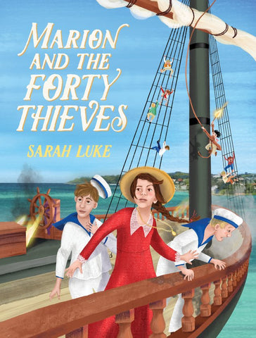 Book cover for 'Marion and the Forty Thieves' featuring illustrated characters on a ship.