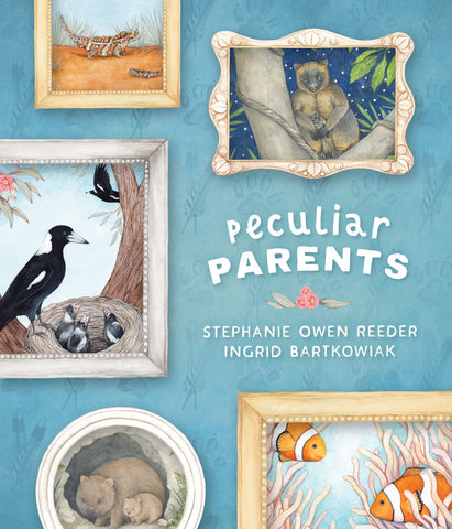 The cover of the book 'Peculiar Parents' featuring illustrations of various Australian animals in a framed picture style.