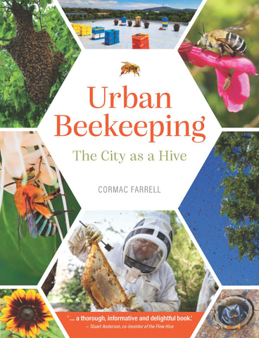 The cover of the book 'Urban Beekeeping: The city as a hive' features images of bees, a hive, and a beekeeper in a bee suit.