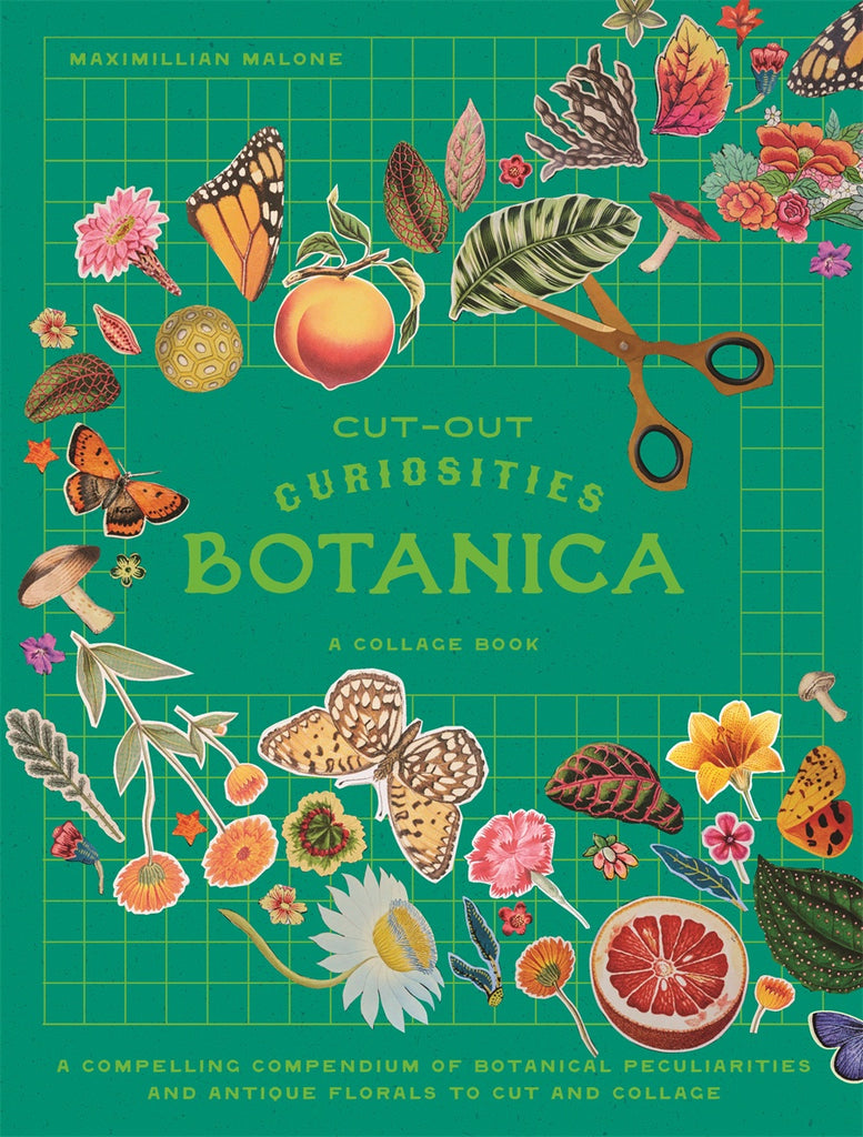 Book cover of 'Cut-Out Curiosities Botanica' with illustrations of plants, flowers, and scissors on a green grid background.