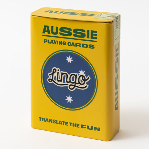 A yellow tin box of Aussie playing cards with the brand name Lingo on the front, featuring a star and a blue background.