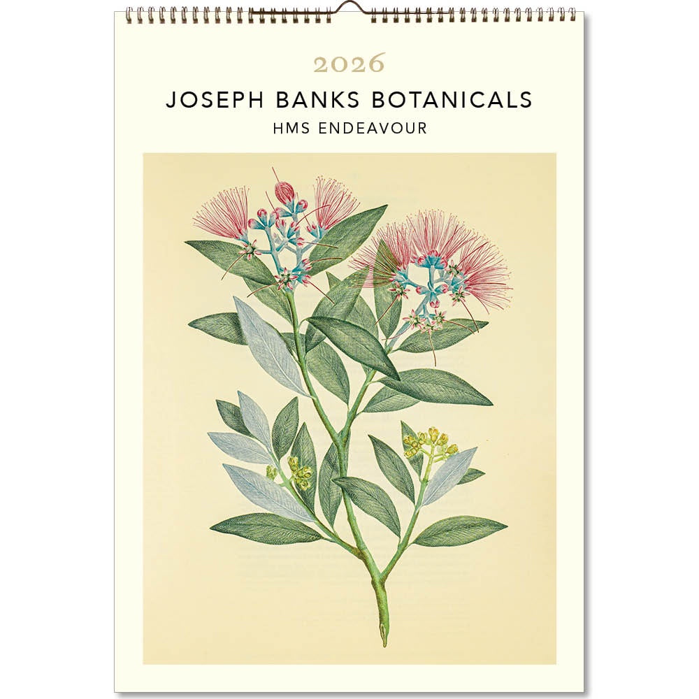 Calendar with botanical illustration and 'Joseph Banks Botanicals HMS Endeavour' text on a beige background
