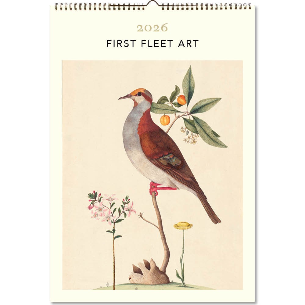 2026 First Fleet Art calendar with a bird illustration on a beige background
