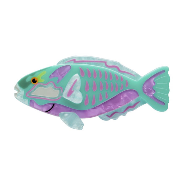A Erstwilder layered resin brooch designed in the shape of a Bleeker's Parrotfish with a teal green body and purple details.