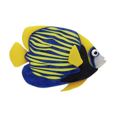 A Erstwilder Emperor Angelfish layered resin brooch features blue and yellow stripes.