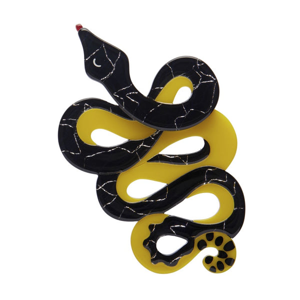 A layered resin brooch by Erstwilder depicting a yellow-bellied sea snake with black and yellow patterned body.