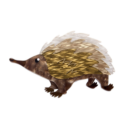 Brown resin echidna brooch on a white background