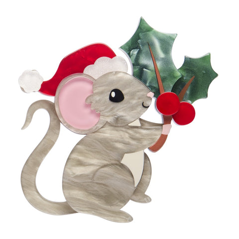 Erstwilder Milly the Mouse brooch features a mouse wearing Santa hat and presenting a holly sprig brooch.