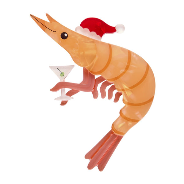 Erstwilder Pascal the Prawn layered resin brooch in orange colours holding a cocktail glass and wearing a Santa hat.