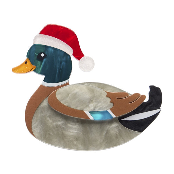 Erstwilder Daphne the Duck layered resin brooch features a brown duck wearing a Santa hat.