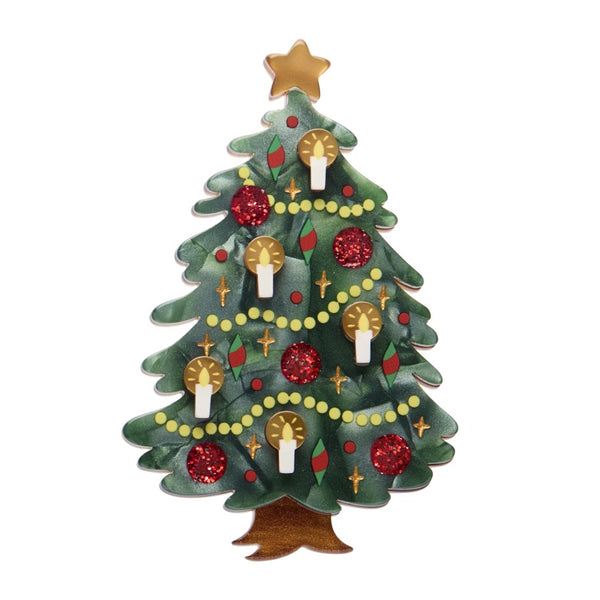Erstwilder Christmas Tree Centre-Piece layered resin brooch features a festive tree with red and gold accents with candle decorations.
