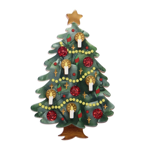 Erstwilder Christmas Tree Centre-Piece layered resin brooch features a festive tree with red and gold accents with candle decorations.
