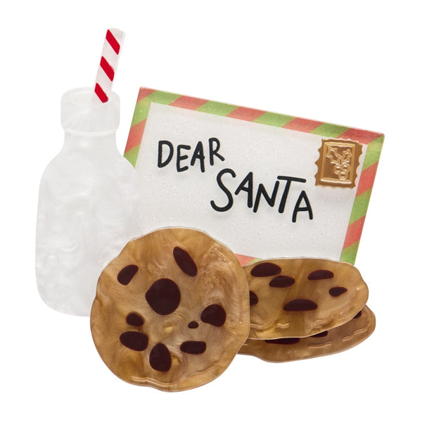 Erstwilder Midnight Snack Station layered resin brooch features a letter to Santa, milk with a red and white straw and chocolate chip cookies.